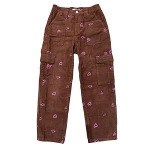 PacSun Brown Corduroy Cargo Pants Pink Heart Embroidered Size M